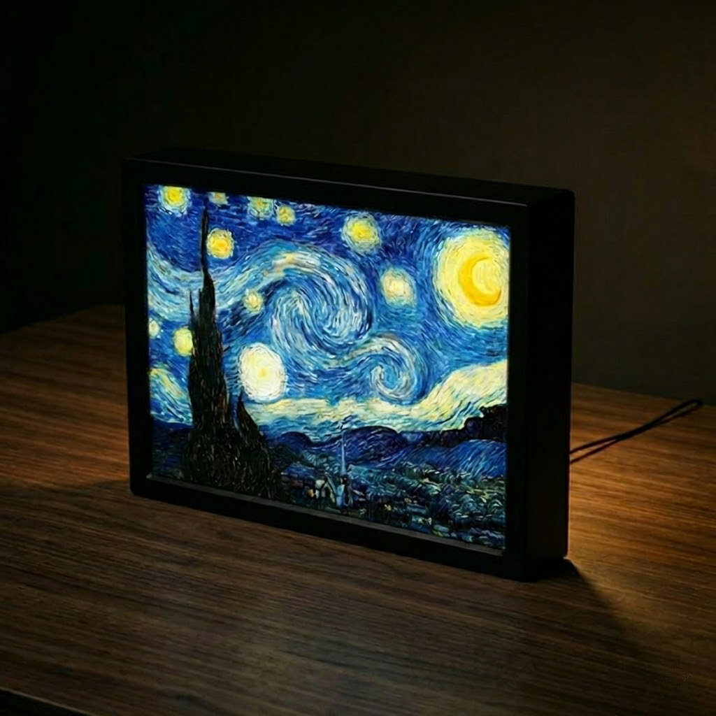 AnchorLabs custom photo LightBox with warm LED backlight illuminating a Starry Night design